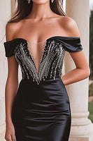 Load image into Gallery viewer, Sparkly Black Satin Long Prom Dress with Slit