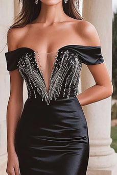 Sparkly Black Satin Long Prom Dress with Slit