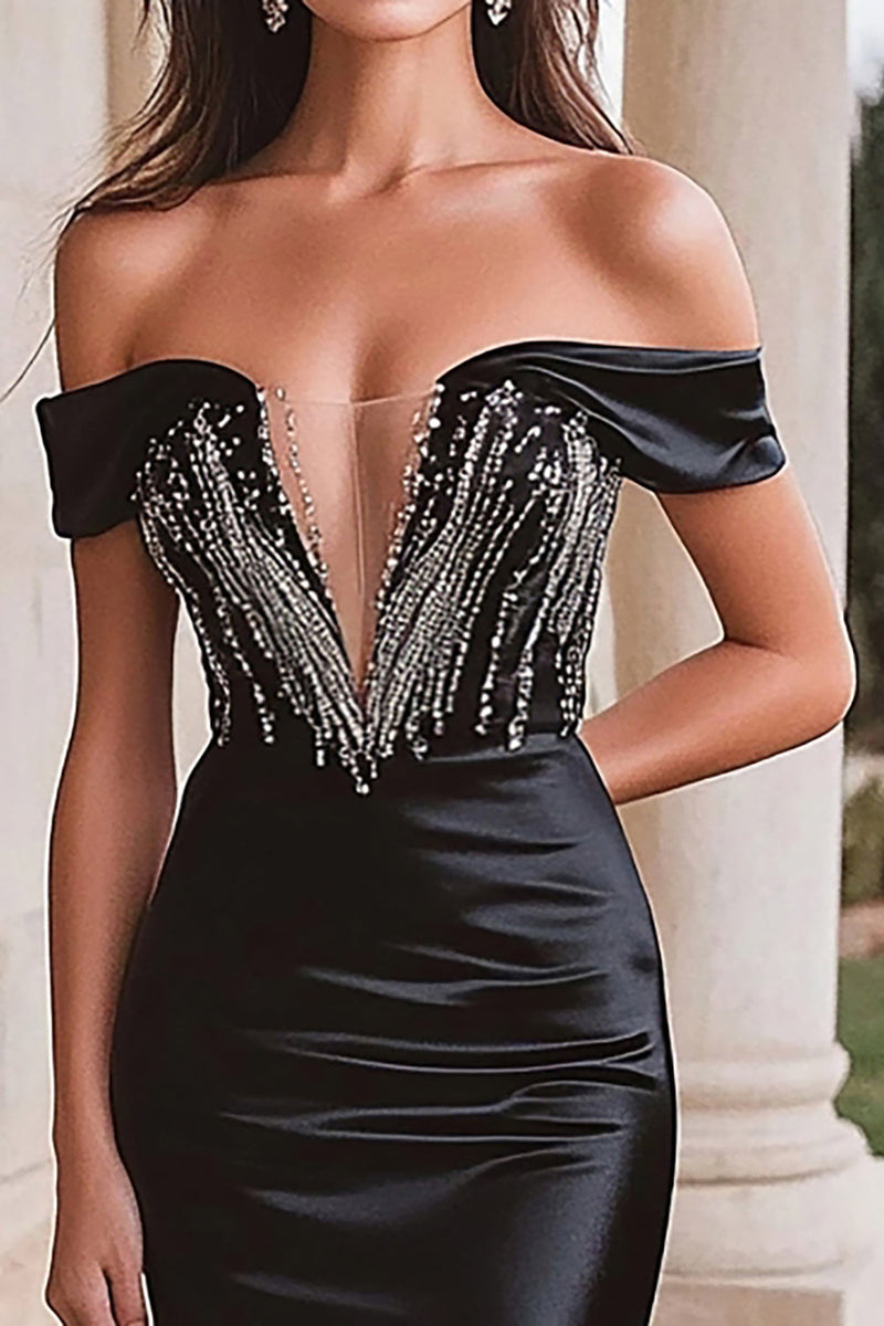 Load image into Gallery viewer, Sparkly Black Satin Long Prom Dress with Slit