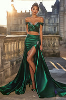 Load image into Gallery viewer, Dark Green Two Pieces Long Satin Prom Dress with Slit