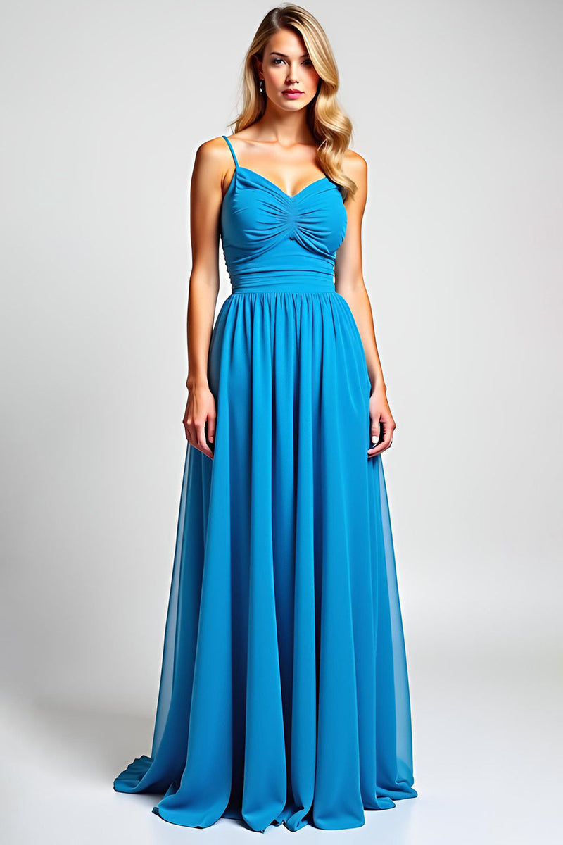 Load image into Gallery viewer, Blue A Line Chiffon Long Ruched Bridesmaid Dress