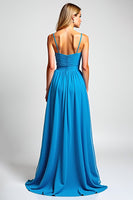 Load image into Gallery viewer, Blue A Line Chiffon Long Ruched Bridesmaid Dress