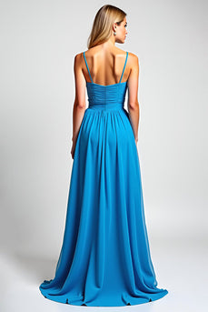 Blue A Line Chiffon Long Ruched Bridesmaid Dress
