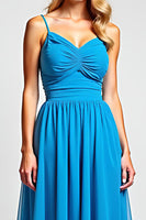 Load image into Gallery viewer, Blue A Line Chiffon Long Ruched Bridesmaid Dress