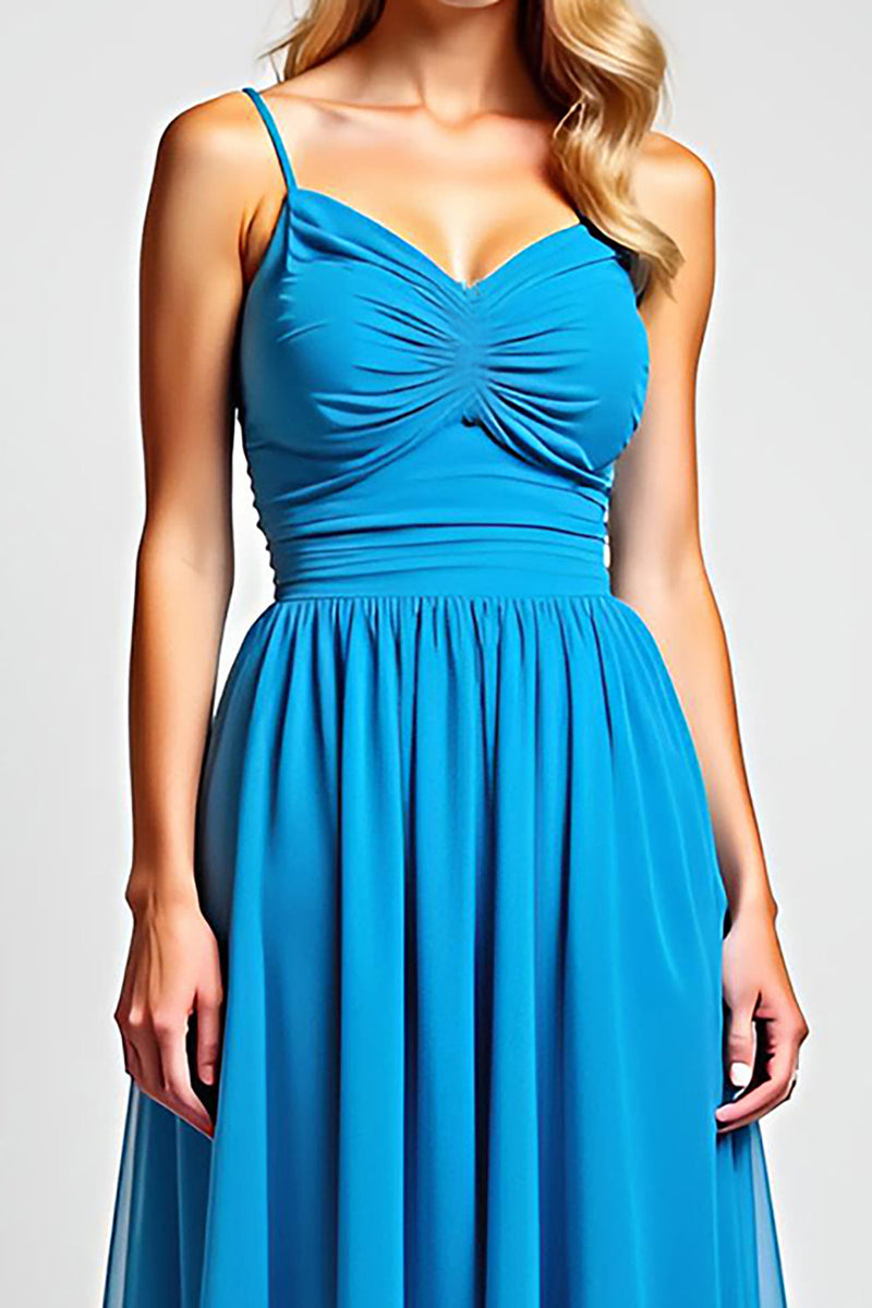 Load image into Gallery viewer, Blue A Line Chiffon Long Ruched Bridesmaid Dress