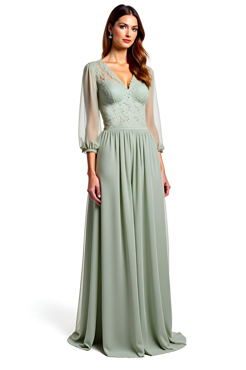 Load image into Gallery viewer, A Line Dusty Sage Long Appliques Bridesmaid Dress with Half Sleeves