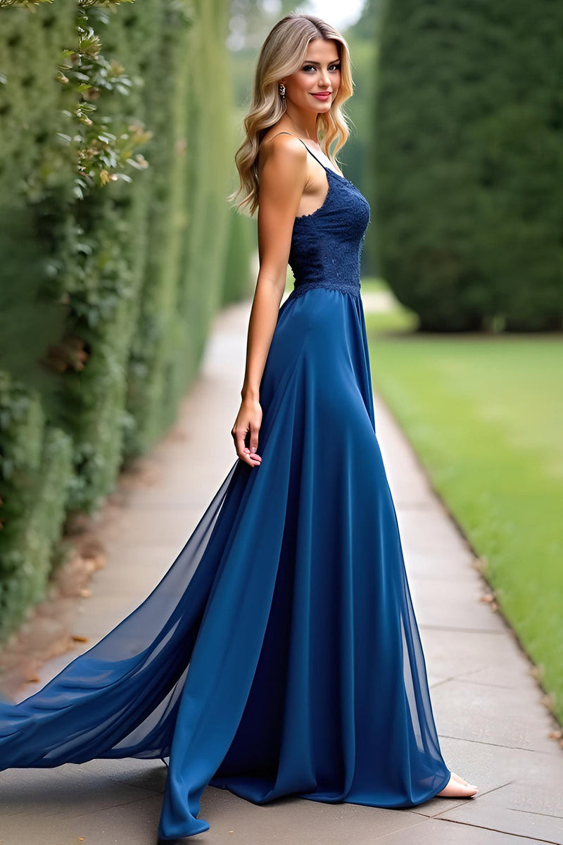 Load image into Gallery viewer, Chiffon Dark Blue A Line Long Bridesmaid Dress with Appliques