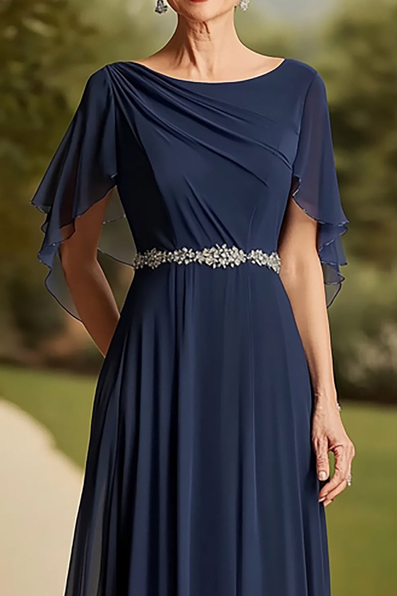 Load image into Gallery viewer, Navy Scoop Neck Long A Line Cape Mother of the Bride Dress