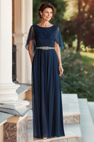 Load image into Gallery viewer, Navy Cape Scoop Neck Long Mother of the Bride Dress