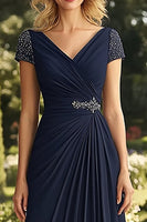 Load image into Gallery viewer, Navy V-Neck A Line Ruched Long Mother of the Bride Dress with Beading