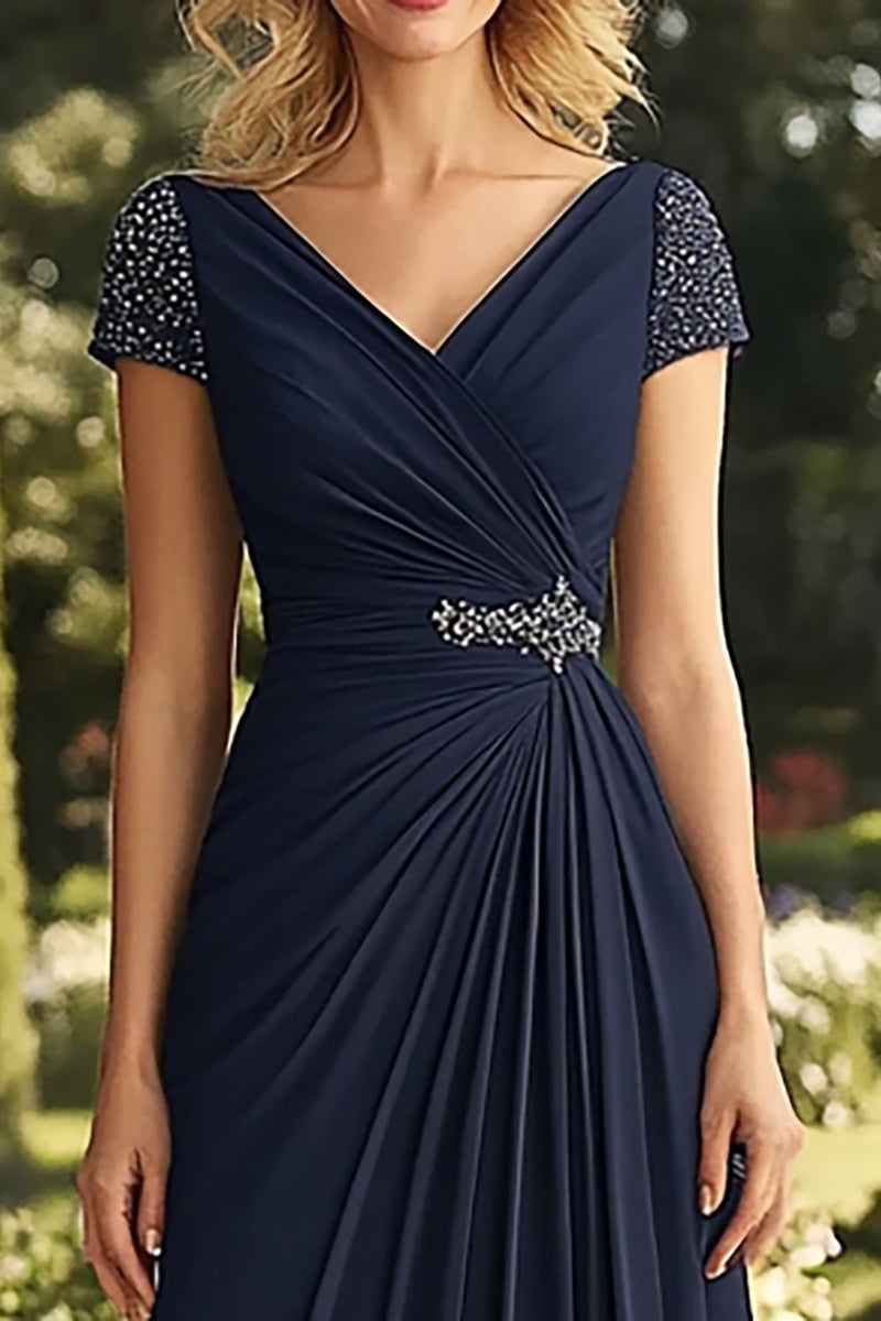 Load image into Gallery viewer, Navy V-Neck A Line Ruched Long Mother of the Bride Dress with Beading