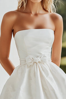 White Strapless A Line Graduation Dress with Bowknot