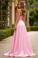 Load image into Gallery viewer, Pink Satin A Line Long Prom Dress with Slit