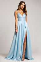 Load image into Gallery viewer, Sky Blue A Line Spaghetti Straps Long Satin Prom Dress with Slit