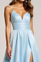 Load image into Gallery viewer, Sky Blue A Line Spaghetti Straps Long Satin Prom Dress with Slit