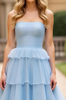 Load image into Gallery viewer, Sky Blue Strapless A Line Long Tiered Prom Dress with Ruffles