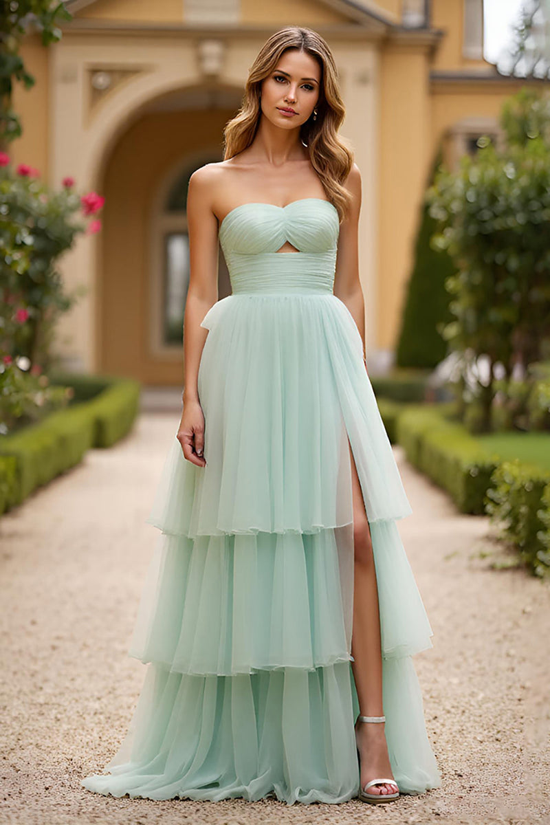 Load image into Gallery viewer, Light Green Strapless A Line Chiffon Long Prom Dress with Slit