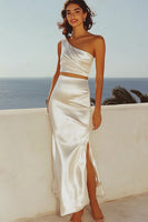 Load image into Gallery viewer, Ivory 2 Piece One Shoulder Sheath Engagement Dress with Slit
