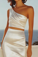 Load image into Gallery viewer, Ivory 2 Piece One Shoulder Sheath Engagement Dress with Slit