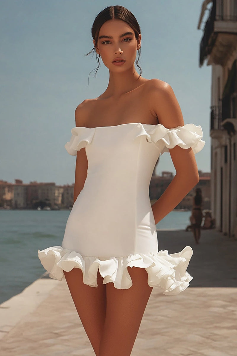 Load image into Gallery viewer, White Bodycon Off the Shoulder Satin Mini Graduation Dress with Ruffles