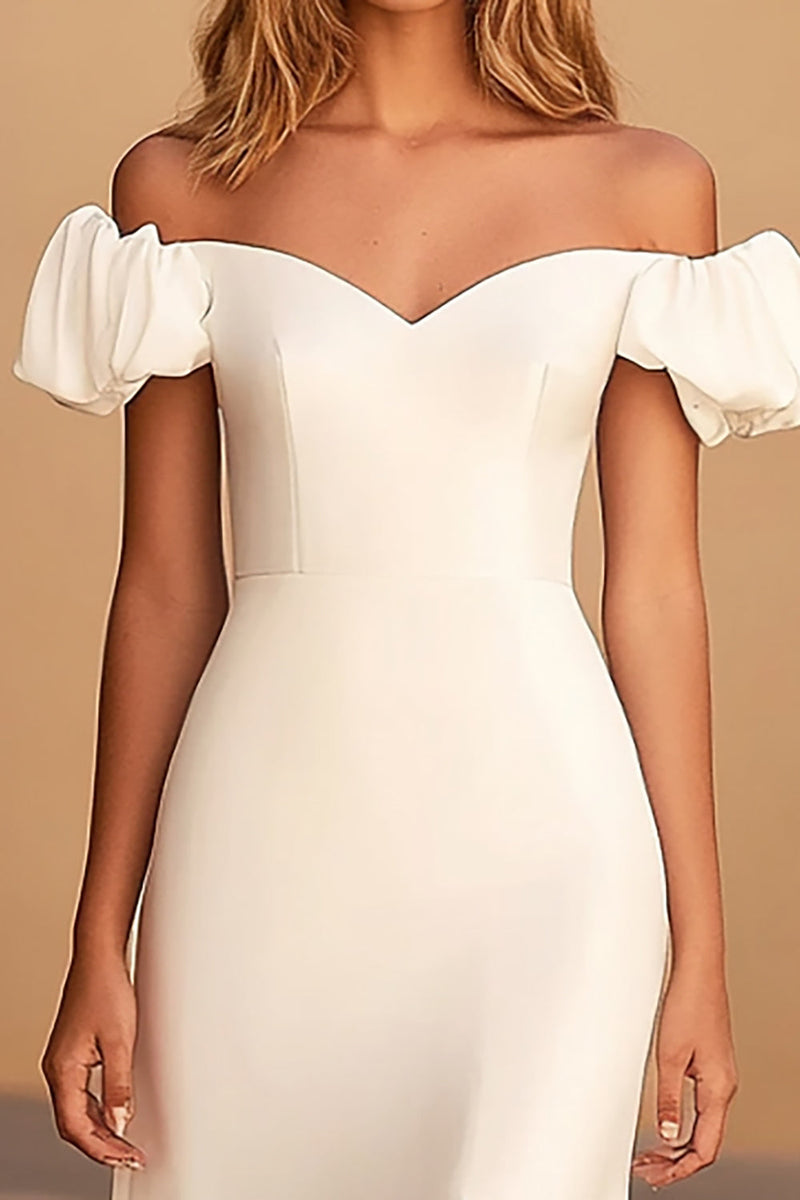 Load image into Gallery viewer, White Off the Shoulder Satin Long Engagement  Dress with Puff Sleeves