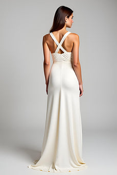 Ivory Sheath V-Neck Long Engagement Dress with Slit