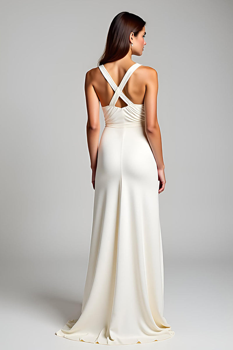 Load image into Gallery viewer, Ivory Sheath V-Neck Long Engagement Dress with Slit