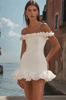 Load image into Gallery viewer, White Off the Shoulder Satin Bodycon Short Graduation Dress with Ruffles