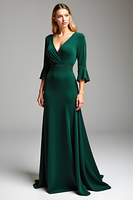 Load image into Gallery viewer, Dark Green V-Neck Long Mother of the Bride Dress with Half Sleeves