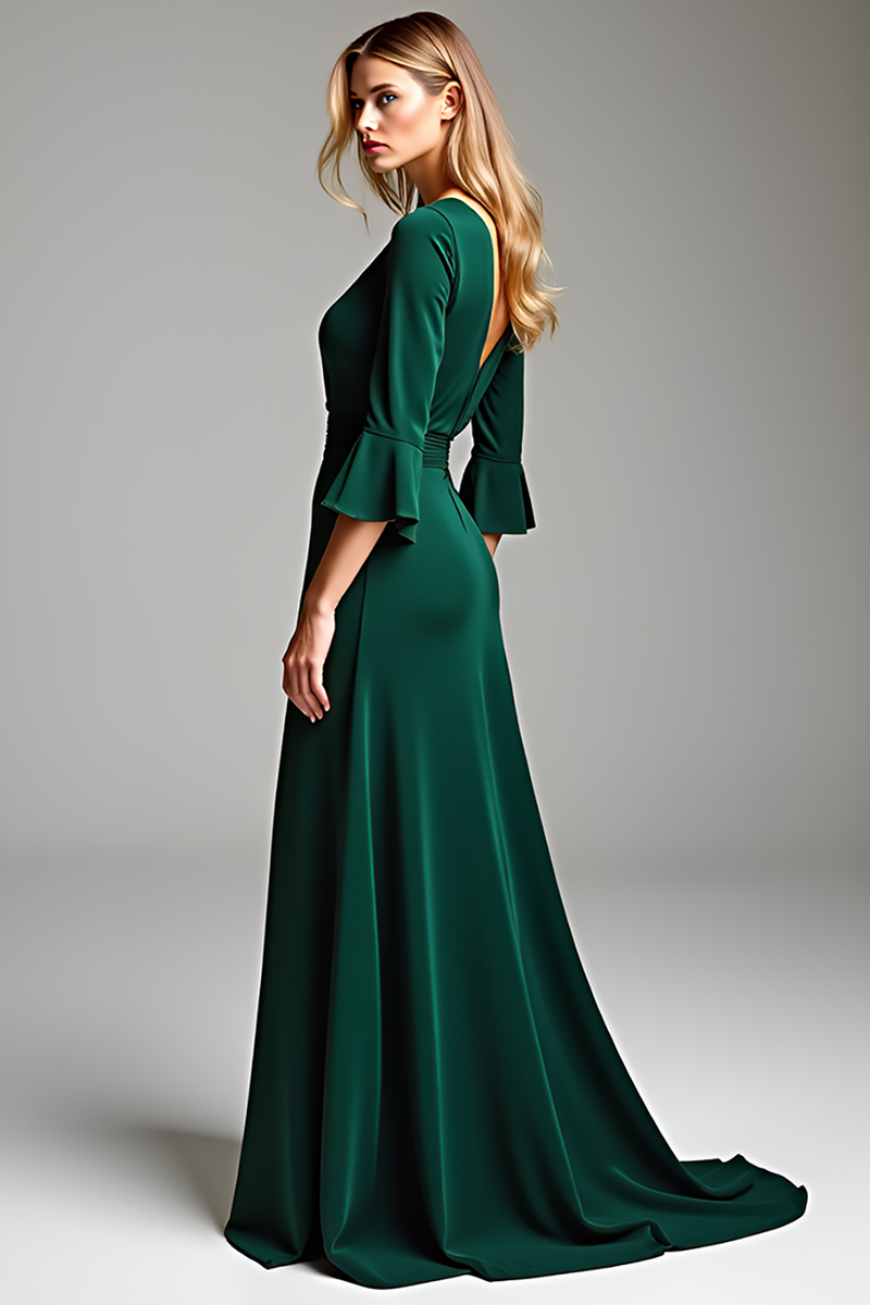 Load image into Gallery viewer, Dark Green V-Neck Long Mother of the Bride Dress with Half Sleeves