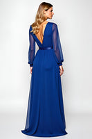 Load image into Gallery viewer, Royal Blue Scoop Ruched Mother of the Bride Dress with Long Sleeves