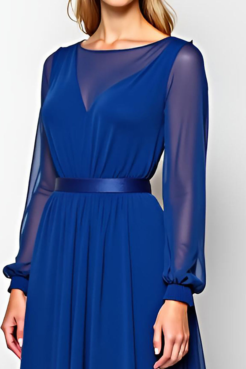 Load image into Gallery viewer, Royal Blue Scoop Ruched Mother of the Bride Dress with Long Sleeves