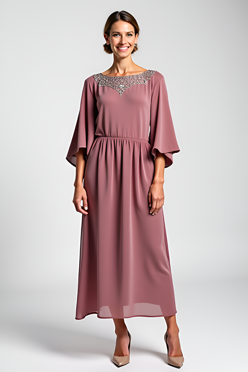 Load image into Gallery viewer, Beaded Vintage Mauve Scoop Mother of the Bride Dress with Half Sleeves