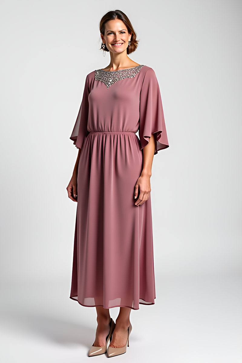 Load image into Gallery viewer, Beaded Vintage Mauve Scoop Mother of the Bride Dress with Half Sleeves