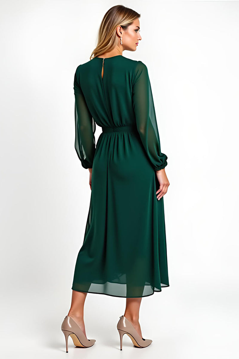 Load image into Gallery viewer, A Line Dark Green Chiffon Tea-Length Mother of the Bride Dress