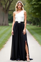 Load image into Gallery viewer, One Shoulder White Black A Line Long Mother of the Bride Dress