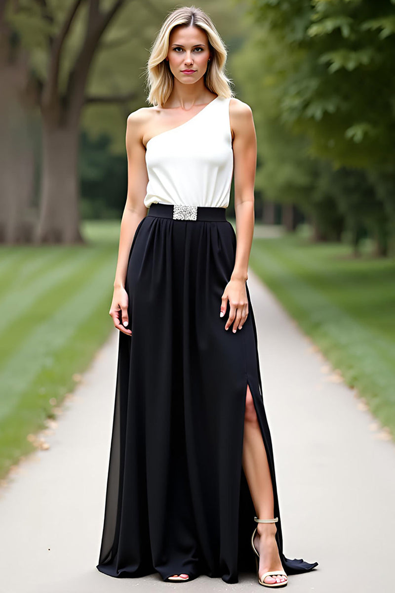 Load image into Gallery viewer, One Shoulder White Black A Line Long Mother of the Bride Dress