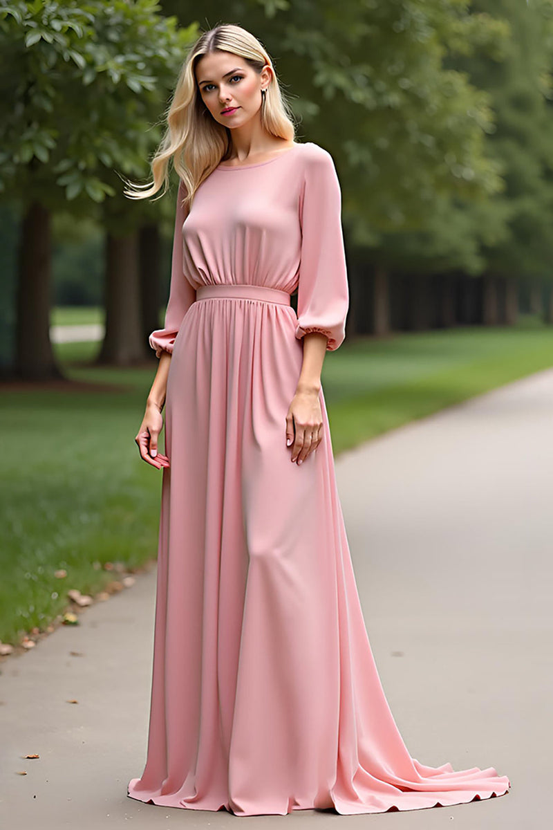 Load image into Gallery viewer, Pink Scoop Half Sleeves Long Mother of the Bride Dress