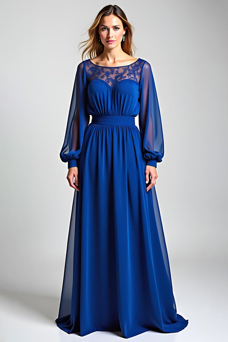 Load image into Gallery viewer, Royal Blue Illusion Neck A Line Long Mother of the Bride Dress