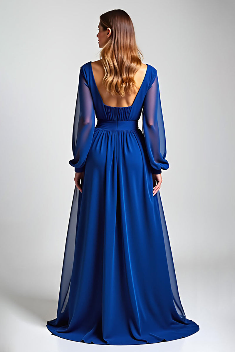 Load image into Gallery viewer, Royal Blue Illusion Neck A Line Long Mother of the Bride Dress