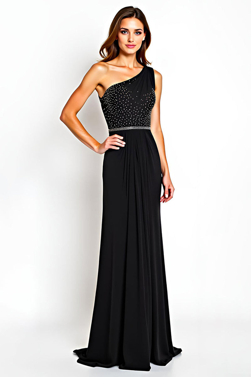 Load image into Gallery viewer, Black One Shoulder Beaded Long Mother of the Bride Dress