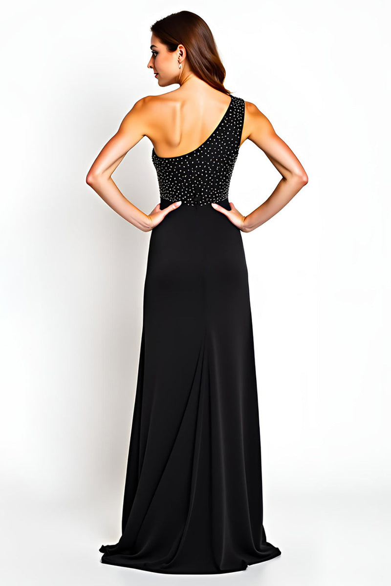 Load image into Gallery viewer, Black One Shoulder Beaded Long Mother of the Bride Dress