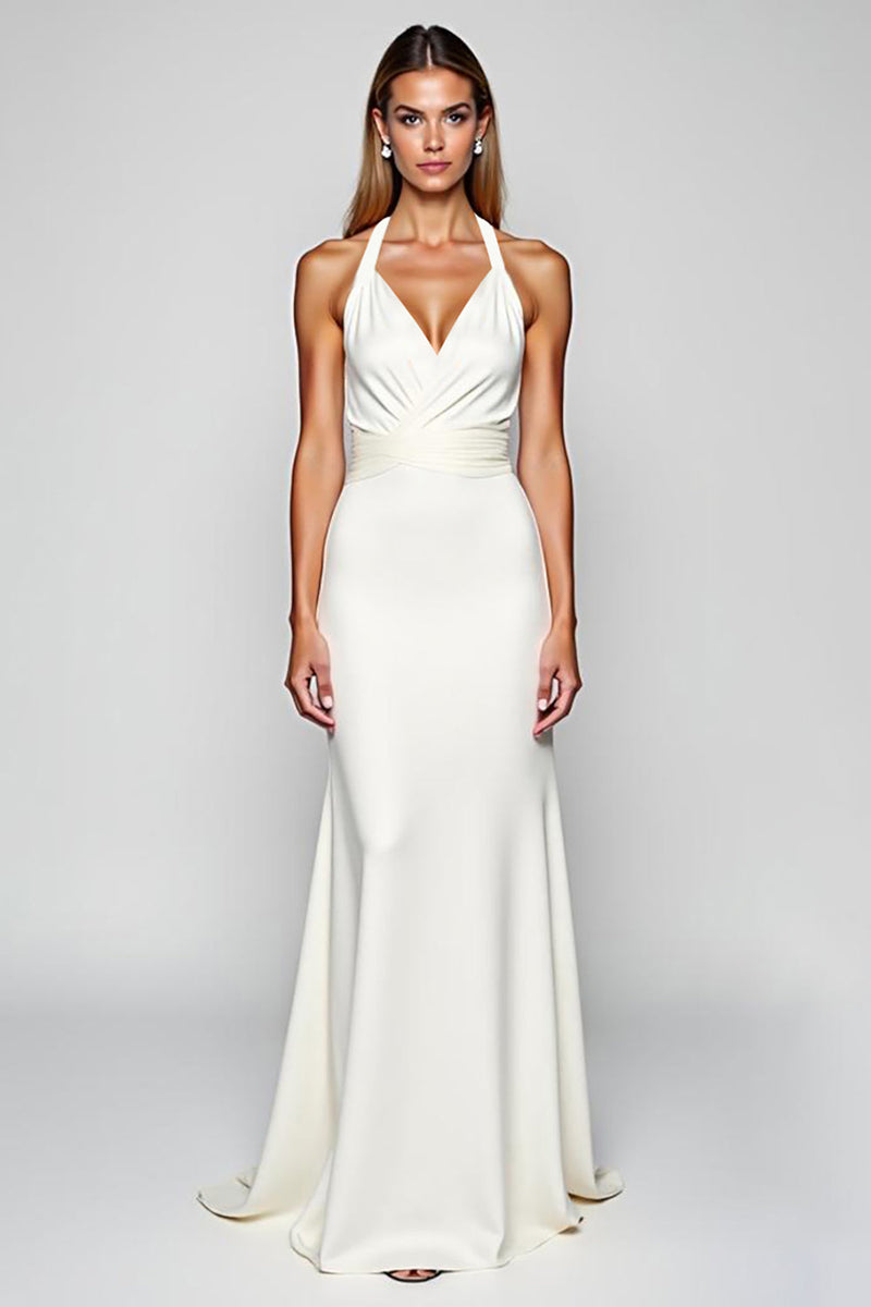 Load image into Gallery viewer, White Halter Sheath Satin Long Engagement  Dress