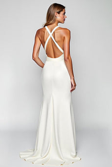White Halter Sheath Satin Long Engagement  Dress