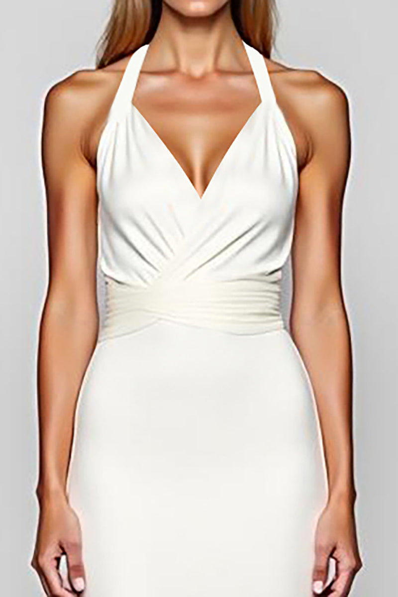 Load image into Gallery viewer, White Halter Sheath Satin Long Engagement  Dress