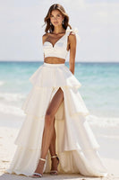 Load image into Gallery viewer, White 2 Piece A Line Satin Tiered Long Engagement Dress with Slit
