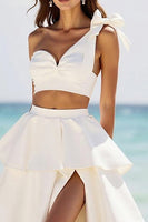 Load image into Gallery viewer, White 2 Piece A Line Satin Tiered Long Engagement Dress with Slit