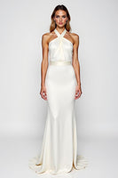 Load image into Gallery viewer, White Halter Mermaid Backless Long Engagement Dress