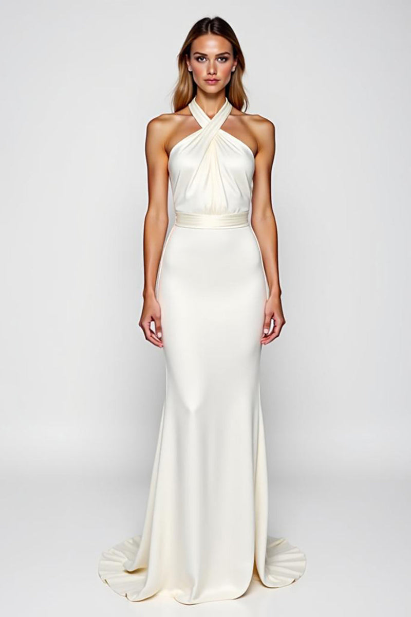 Load image into Gallery viewer, White Halter Mermaid Backless Long Engagement Dress