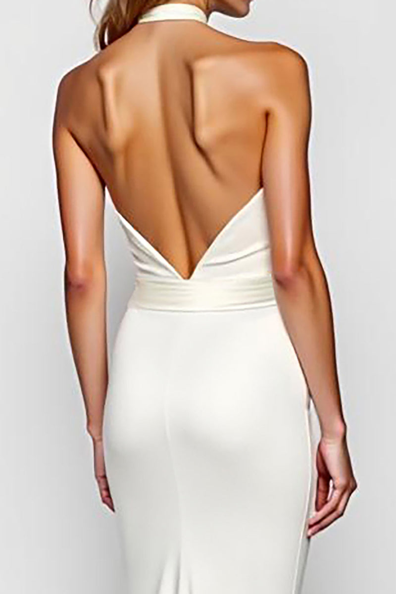 Load image into Gallery viewer, White Halter Mermaid Backless Long Engagement Dress